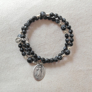 Rosary Bracelet of Snowflake Obsidian Beads and Silver Plated Medals