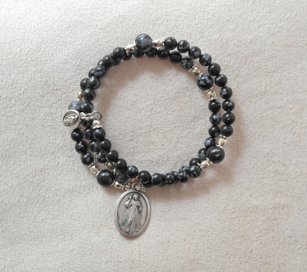 Rosary Bracelet of Snowflake Obsidian Beads and Silver Plated Medals