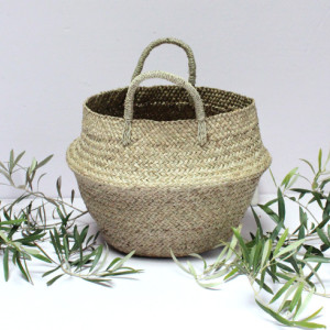 Natural Pom Poms Double Woven Sea Grass Belly Basket Panier Boule Storage Nursery Beach Picnic Toy Laundry, Valentine's Day Gift