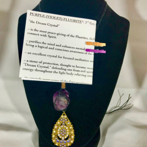 PURPLE FLUORITE Healing Crystal Necklace with a Brass Rhinestone Jeweled Fan