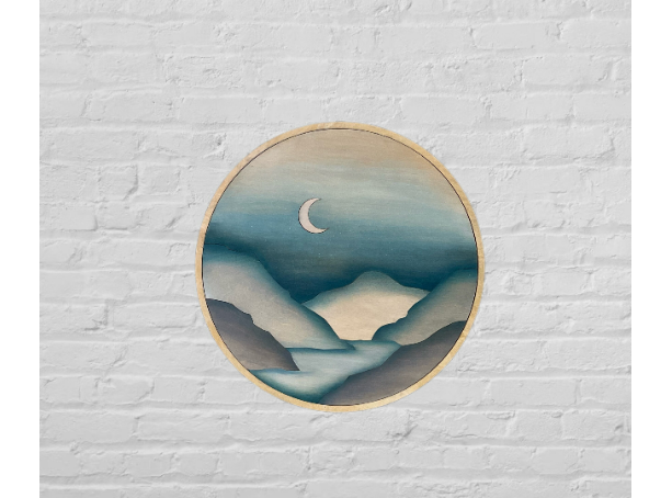 Round Blue Boho Mountain Lake Wood Wall Art | Modern Moon Night Sky Wooden Wall Hanging | Circle Landscape Wall Decor for Nursery Collage