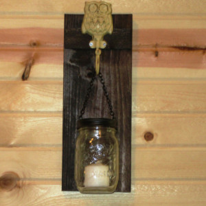 Rustic Owl Mason Jar Wall Sconce,  Mason Jar Candle Holder, Wall Sconce with Owl design hook