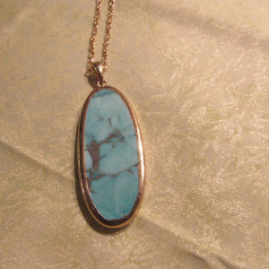 Turquoise pendent with gold accents on a long gold chain. 