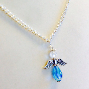 Blue Angel Necklace, Handmade Chrystal and Silver Beaded Angel Charm, 21 Inch Christmas Necklace, Confirmation Gift, Godmother Gift