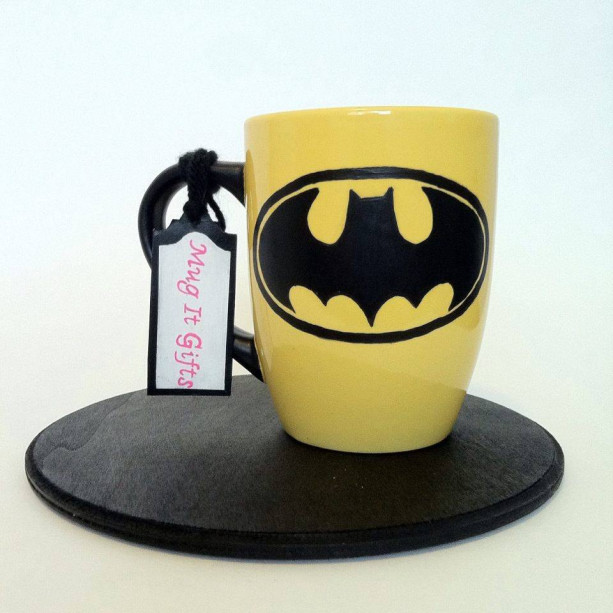 Batman Hand Painted 12oz Yellow Ceramic Coffee Cup Mug