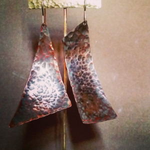 Asymmetrical Rustic Oxidized Hammered Copper Dangle Drop Earrings