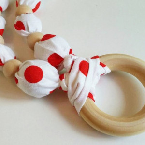 White Red Necklace with Ring - FREE SHIPPING - Polka Dot Nursing Teething, Made in USA