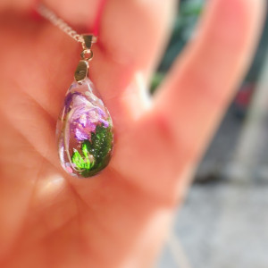 Preserved larkspur flower pendant necklace