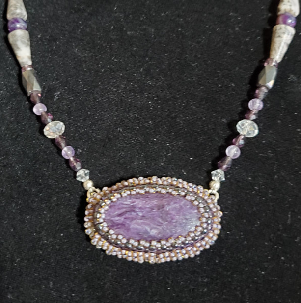 Necklace - Purple Charoite Gemstone in Glass Bead Bezel, ID - 362