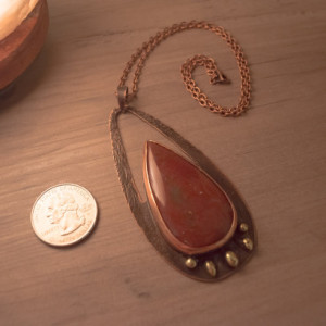 Bloodstone Tear Drop Copper Brass Pendant Necklace Handmade
