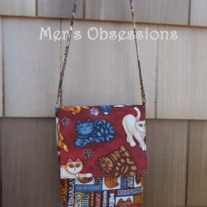 Mini Messenger Bag, Brown Fabric, Cats.