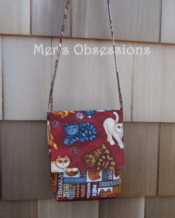Mini Messenger Bag, Brown Fabric, Cats.