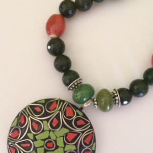 Green Glass,Orange Acrylic Beaded Necklace