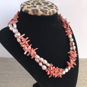 Pearl and Coral Statement Necklace, Rose Pearl Necklace, Red Coral Necklace, Pearl Beaded Necklace, Red Coral Statement Necklace