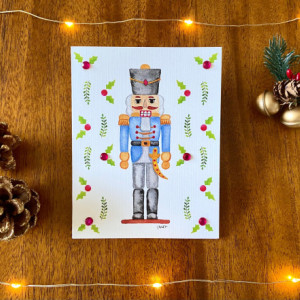 Set of 5 original Nutcracker Christmas holiday note cards, cheerful greeting cards. Beautiful watercolor with rhinestones. Made with love.