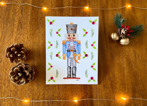 Set of 5 original Nutcracker Christmas holiday note cards, cheerful greeting cards. Beautiful watercolor with rhinestones. Made with love.
