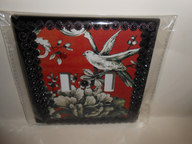 Bird & Floral Design Double Light Switchplate Cover with Black Raised Trim(A)