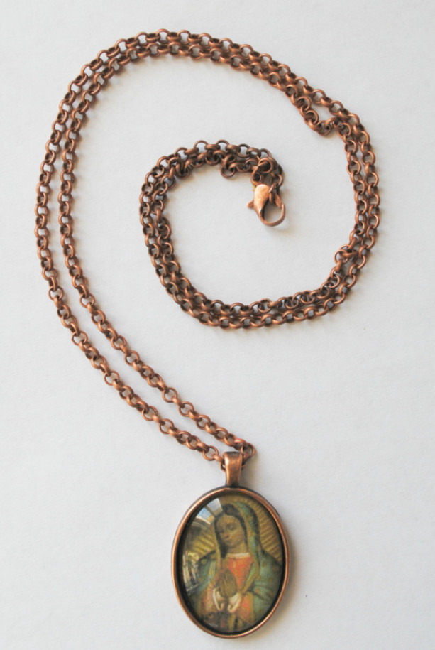 Virgin of Guadalupe oval pendant and necklace, copper
