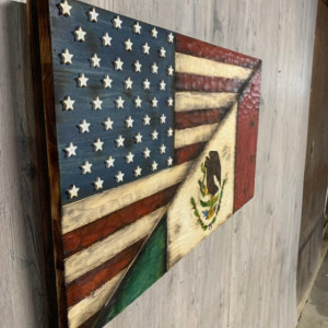Wood Split US Flag and Mexico Flag