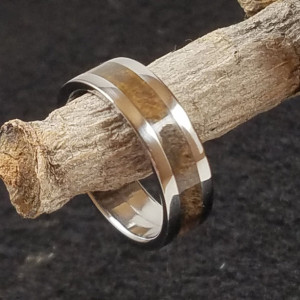 size 10 1/2 walnut burl ring, Stainless Steel core and edging accent this beautiful ring, 8mm wide band