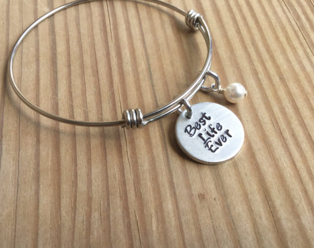 Best Life Ever Bracelet- Hand-Stamped "Best Life Ever" Bracelet with an accent bead in your choice of colors- Adjustable Bangle Bracelet