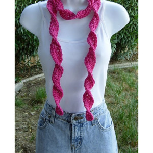 Solid Hot Pink Skinny SUMMER SCARF Small 100% Cotton Spiral Crochet Knit Narrow Lightweight Warm Weather Dark Pink Scarf, Ready to Ship in 2 Days