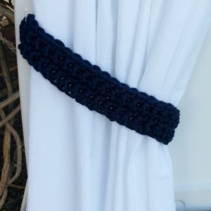 Curtain Tiebacks Set, Curtain Tie Backs, One Pair Solid Dark Navy Blue, Basic Drapery Drapes Holders, Crochet Knit, Ships in 3 Business Days