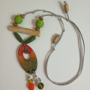 Handcrafted Artisan Boho Pendant Orange Green Terra Cotta Clay Wood Beads OOAK