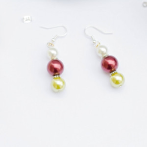 Christmas pearl earrings/Green, red and white with tibetan silver spacers/Nickel free fish hook/Festive/gift/present/Under 20 dollars