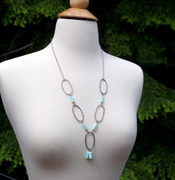 Peruvian blue Opal necklace - Sterling Silver and blue opal bubble necklace - Boho necklace - 25" long