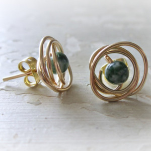 Gold Stud Earrings, Tree Agate Posts, Natural Stone Studs, Wire Wrap Earrings, Green White Studs, Small Stud Earrings, Green Stone Posts