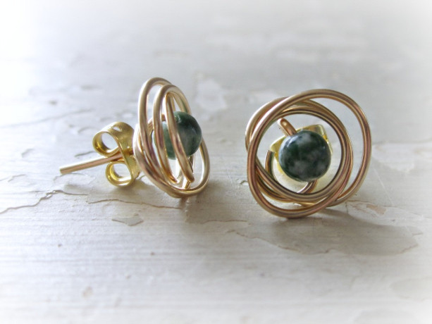 Gold Stud Earrings, Tree Agate Posts, Natural Stone Studs, Wire Wrap Earrings, Green White Studs, Small Stud Earrings, Green Stone Posts