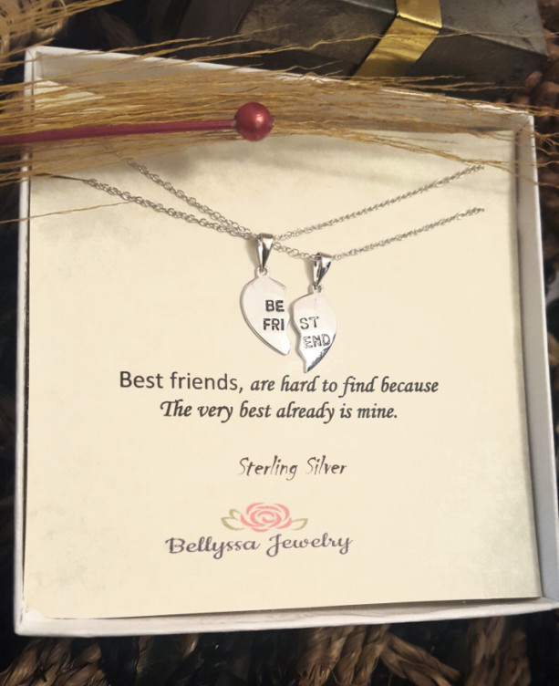 Womans Sterling Silver Rhodium Plated half broken hearth Best Friends Pendant Necklace,Gift,Engraved Jewelry Quotes,Trendy Jewelry