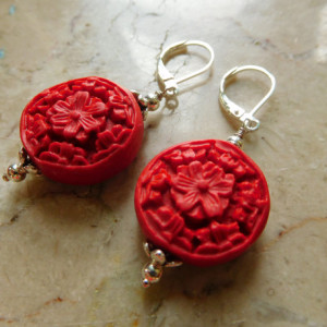 Red and bold Cinnabar Carved beads Necklace and matching earrings set.#NBES0101