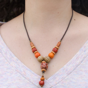 Colorful Wood Necklace, Vibrant Earth Tones Necklace, Orange and Red Wood Beads