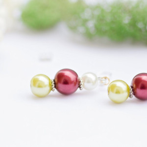 Christmas pearl earrings/Green, red and white with tibetan silver spacers/Nickel free fish hook/Festive/gift/present/Under 20 dollars