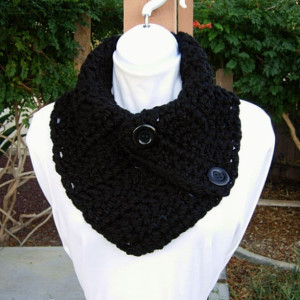 Solid Black NECK WARMER SCARF Buttoned Cowl, Soft Wool Blend, Black Buttons, Thick Bulky Chunky Winter Crochet Knit Ready to Ship in 3 Days