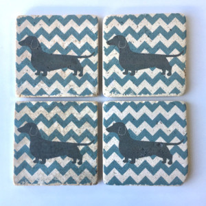 Wiener Dog Dachshund with Baby Blue Chevron Natural Stone Coasters Set of 4 with Full Cork Bottom Weiner Dog Coasters