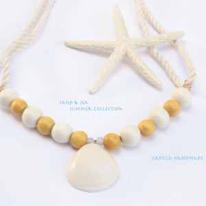 Beach Necklace, Mustard and Creme Wood Beads and Miami Seaschell