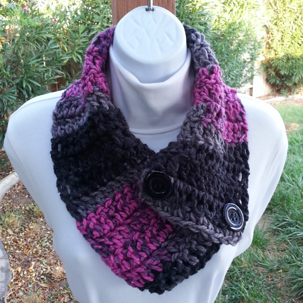 Black Gray Grey Raspberry Pink NECK WARMER SCARF with Large Black Buttons, Soft Acrylic Crochet Knit, Women's Buttoned Cowl Scarflette..Ready to Ship in 3 Days