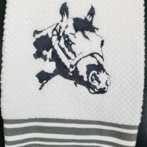 HORSE-DEEP GRAY. Embroidered Kitchen Towel. A Great Horse Display For Your Home. Perfect All Occasion Gift. White Towel W/Gray Border Only