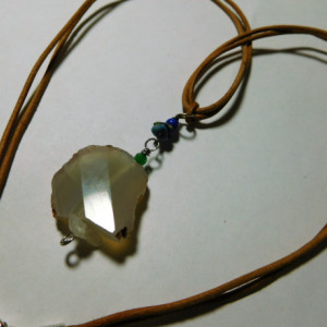 Natural Leather necklace with Grey Agate stone pendant and lapis lazuli, Moon Stone, and Emerald stone beads. #N0099
