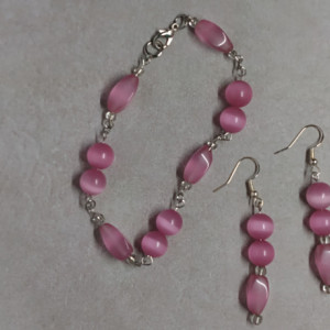 Pink Cats Eye Bracelet and Earrings Set