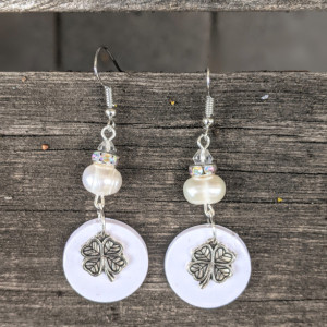 Lucky Dangle earrings - Four Leafs Clover charm earrings - White bridal earrings | Boho earrings