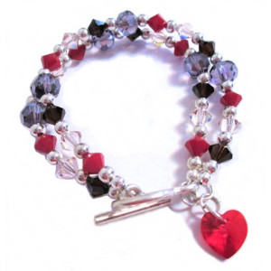 Coral Crystal Heart Charm Bracelet, Gift for Girlfriend, Dainty Bracelet, Double Strand Bracelet, Beaded Bracelet, Gift for Mom, On Sale