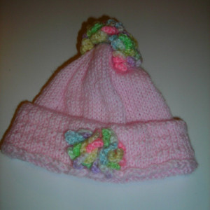 Pink Knitted Hat with Crocheted  Multi Colored Flowers for Newborn Girl to 3 Months