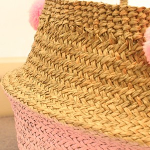 Pink Pom Poms Double Woven Sea Grass Belly Basket Panier Boule Storage Nursery Beach Picnic Toy Laundry, Dipped Belly Basket