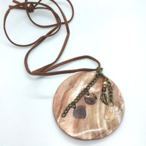 Large Shell Pendant Necklace with Mini Charms on Leather Cord by Cumulus Luci