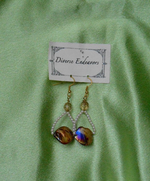 Aurora Borealis Finish on Brown Dyed Irregular Mother of Pearl Earrings