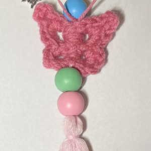 Handmade Keychain Crochet Pink Butterfly And Charm Wood  Beads Tassel Clasp Ring